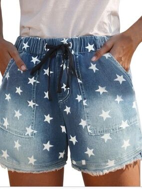 Blue Star-Print Denim Shorts with Drawstring Waist